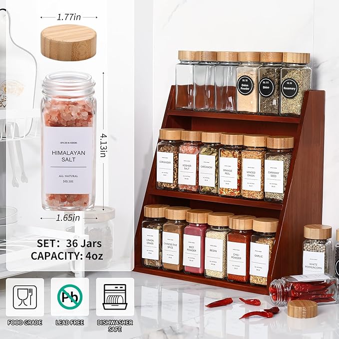 DWTS DANWEITESI 36 Pcs Glass Spice Jars - 4oz With Bamboo Lids, Empty Bottles With Labels, Kitchen Spice Jars With Shaker Lids