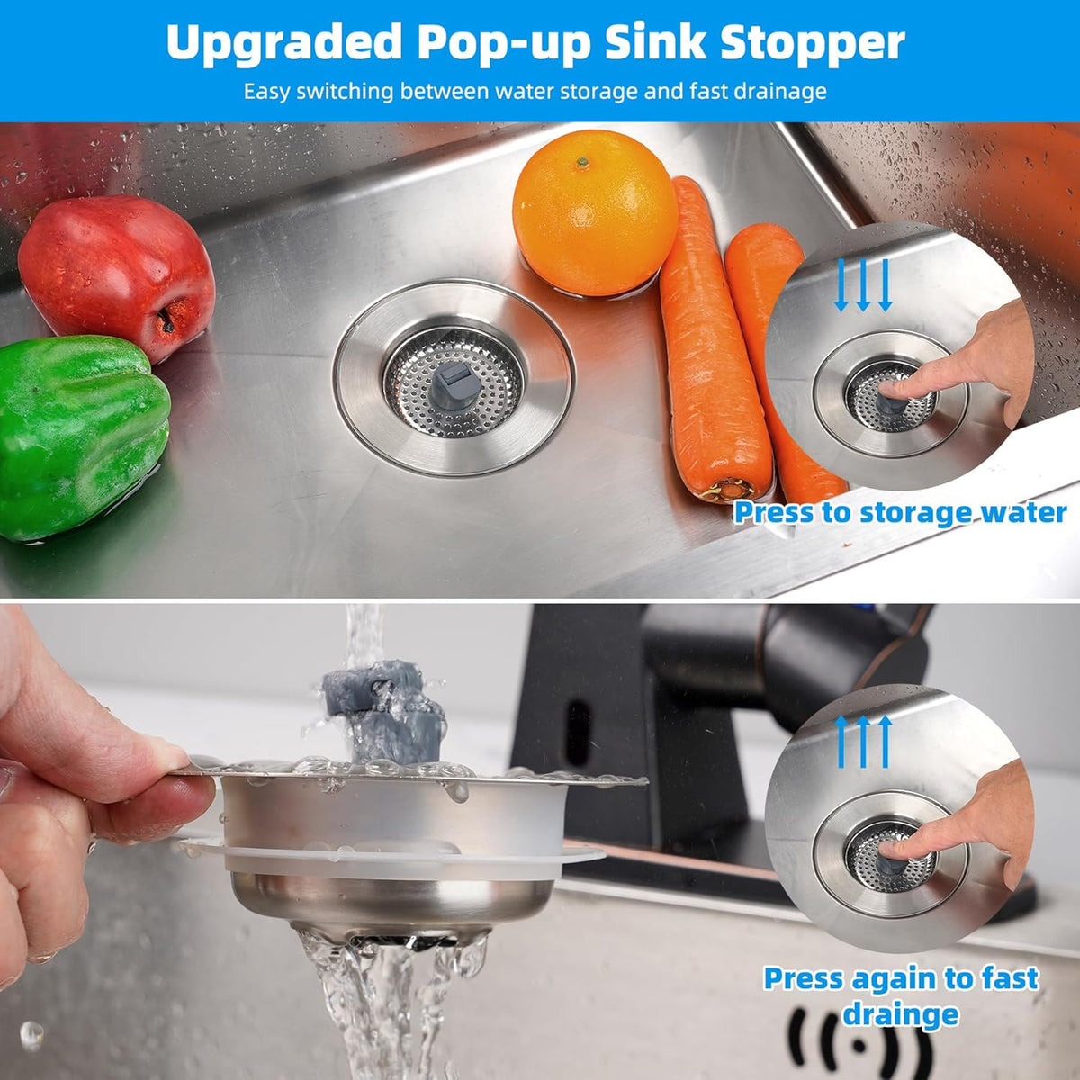 Hibbent 3 in 1 Kitchen Sink Drain Strainer, Stainless Steel Wrapped Shell Drain Stopper Combo, Pop Up Sink Stopper, 3 Anti-Clogging Metal Basket Strainer with Handle for US Standard 3-1/2" Drain