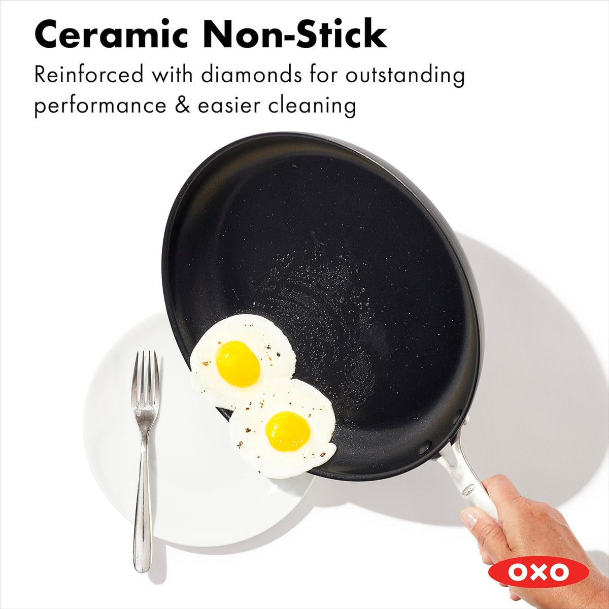 OXO Enhanced 12" Frying Pan Skillet, PFAS-Free Ceramic Nonstick, Durable Hard Anodized Cookware, Scratch Resistant, Stainless Steel Handle, Good Grips, Dishwasher & Oven safe, Black