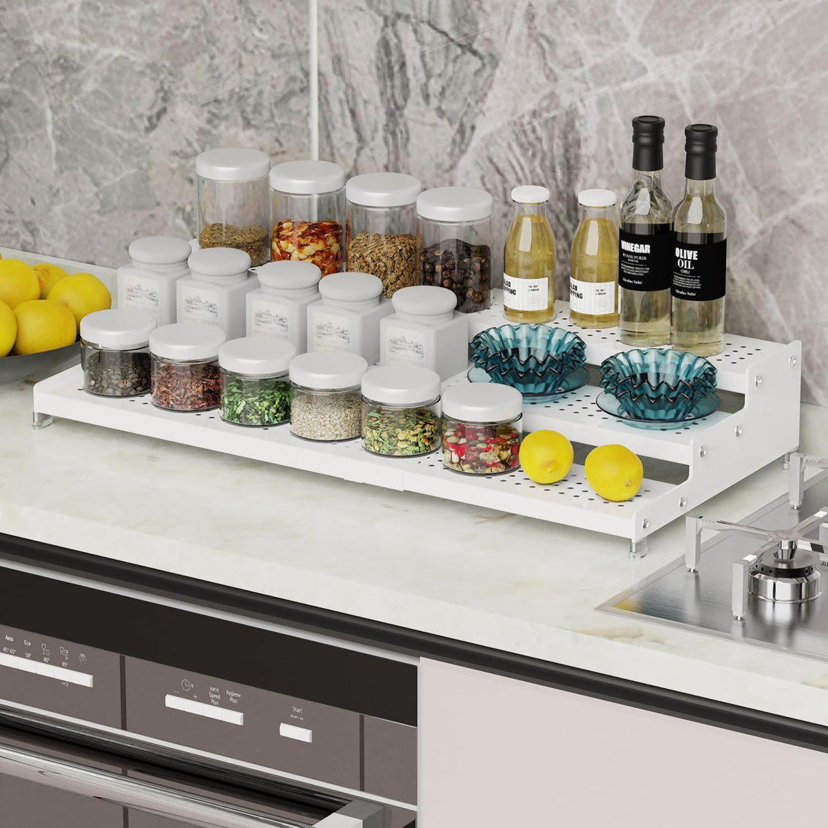 Expandable Spice Rack organizer with 3-Tier step shelf,Modern Design heavy duty,Non Skid and Visibility ,Great for Kitchen Cabinet,Bathroom,dressing table,Cupboard, Pantry and more(2PACKS/WHITE)