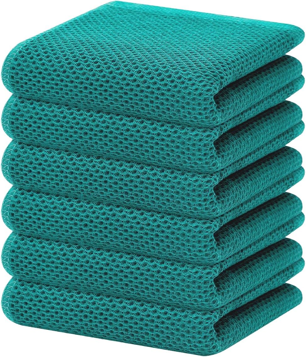 Homaxy 100% Cotton Waffle Weave Kitchen Dish Towels, Ultra Soft Absorbent Quick Drying Cleaning Towel, 13 x 28 Inches, 6-Pack, Teal