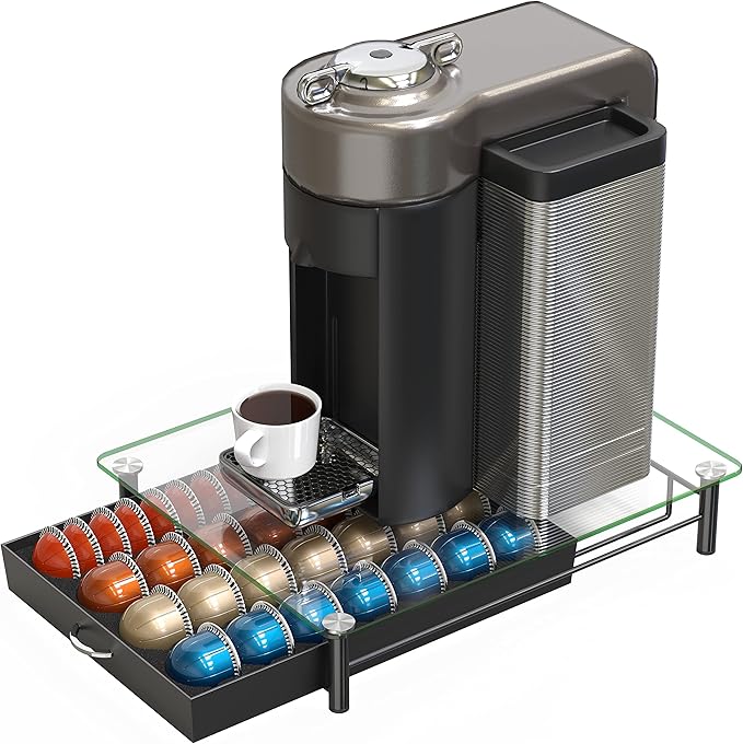 DecoBrothers Crystal Tempered Glass Vertuo Pod Holder Drawer, 28 Large or 56 Small Nespresso Capsule Organizer, Black