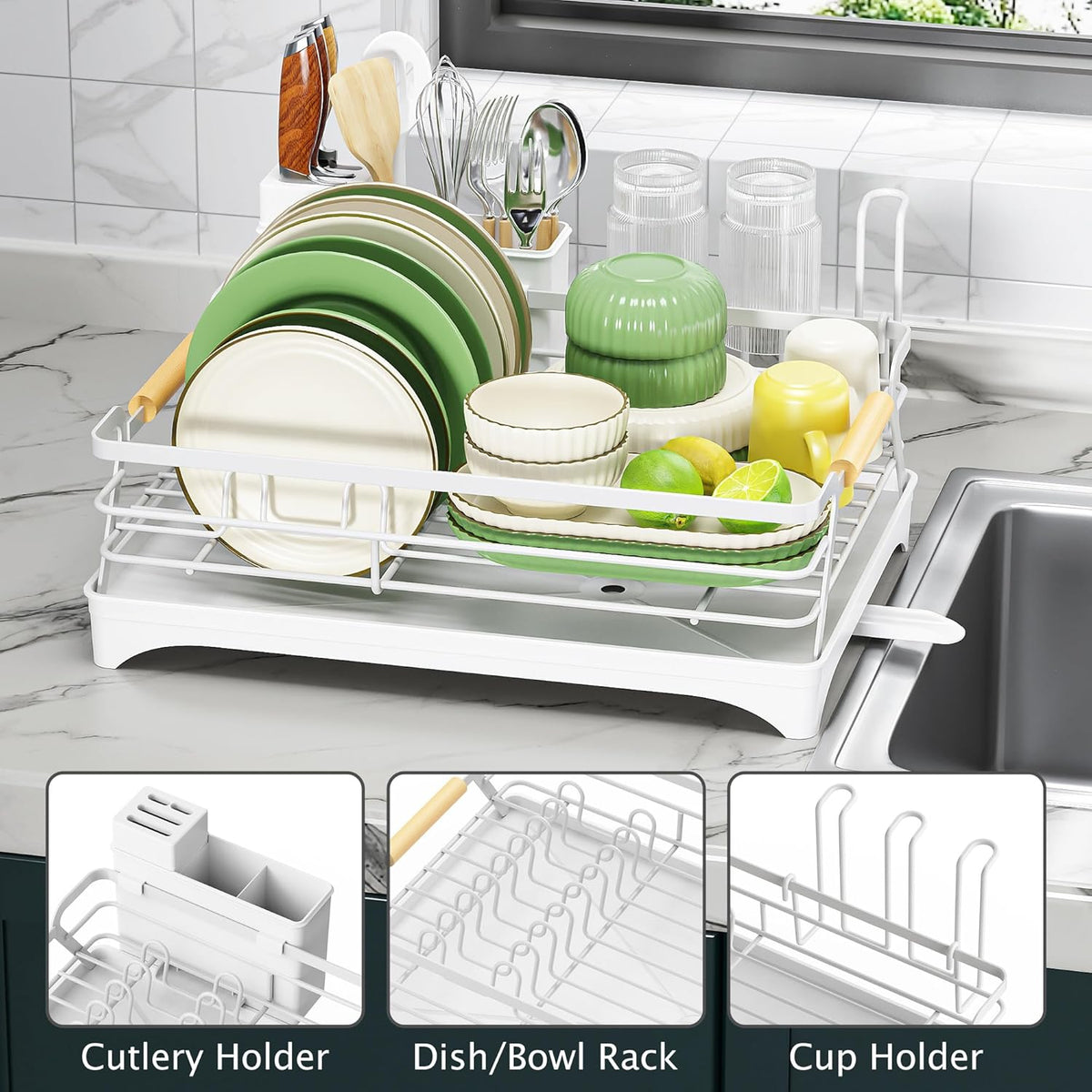 Epicano Dish Drying Rack for Kitchen Counter,Space-Saving Dish Rack,Rustproof Dish Drainer with Utensil Holder and Knife Slots for Sink,Kitchen Drying Rack with Wooden Handle and Cup Holder,White