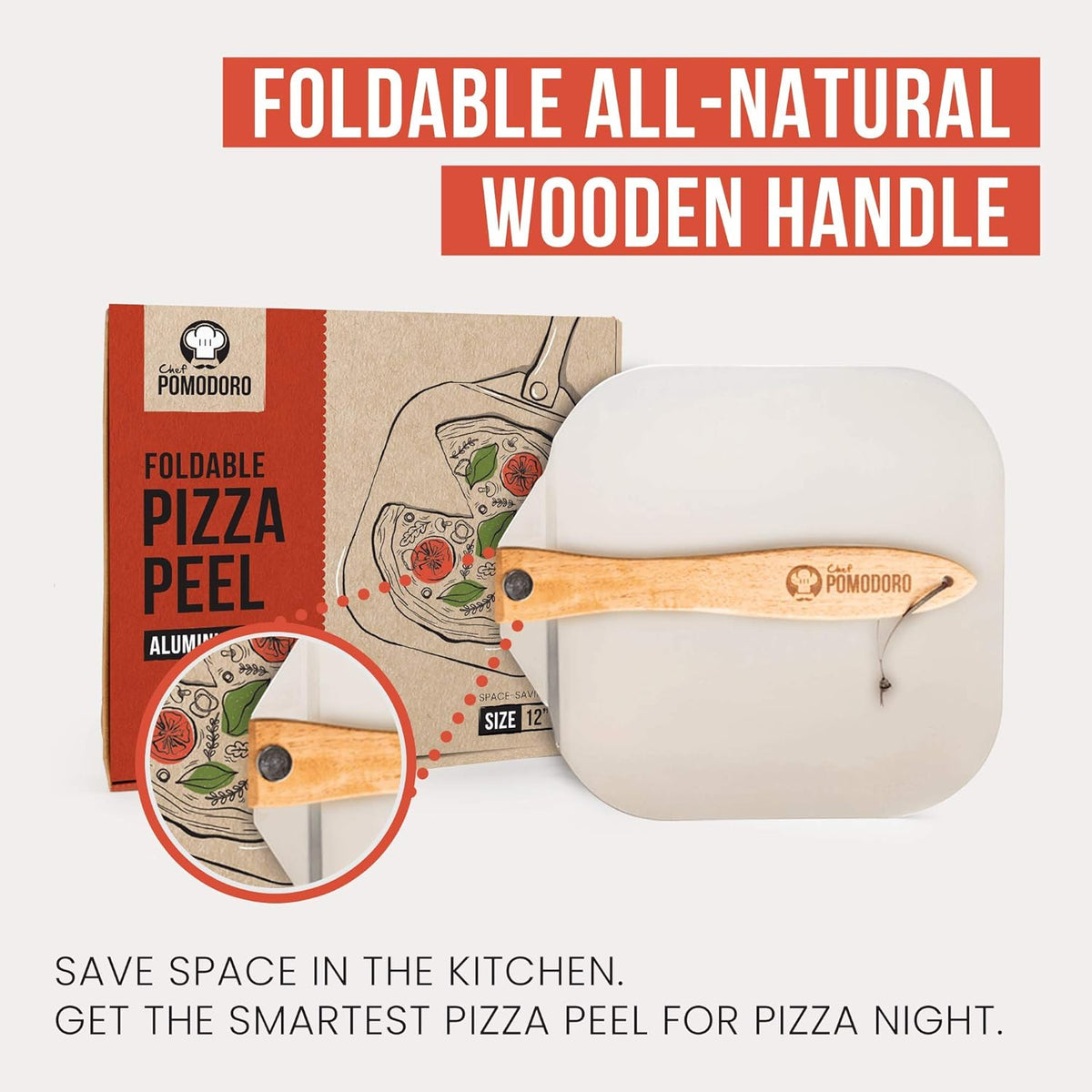 Chef Pomodoro Aluminum Metal Pizza Peel with Foldable Wood Handle for Easy Storage, Pizza Spatula, Gourmet Luxury Pizza Paddle for Baking Homemade Pizza Bread (12 x 14 inch + 14 inch Cutter)