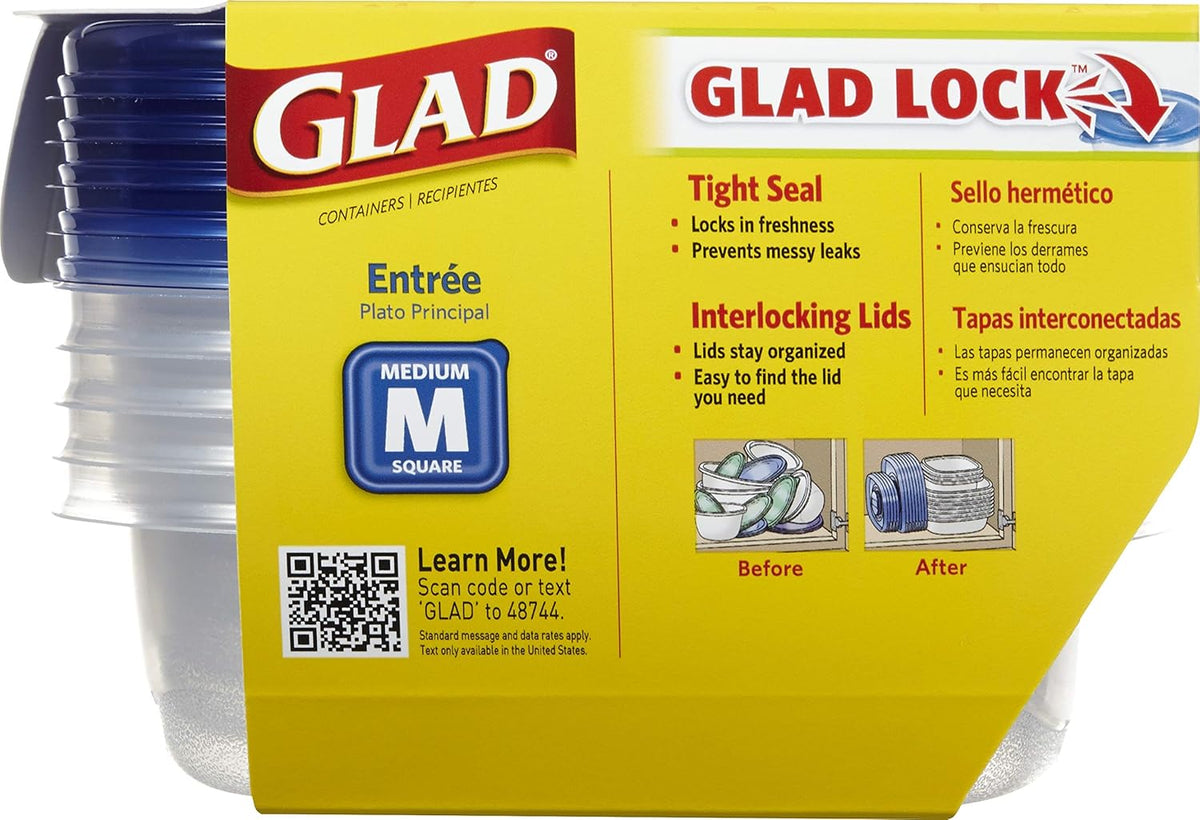 Glad Entrée Food Storage Containers, Medium Square (25 Oz) - 5 Count, Standard