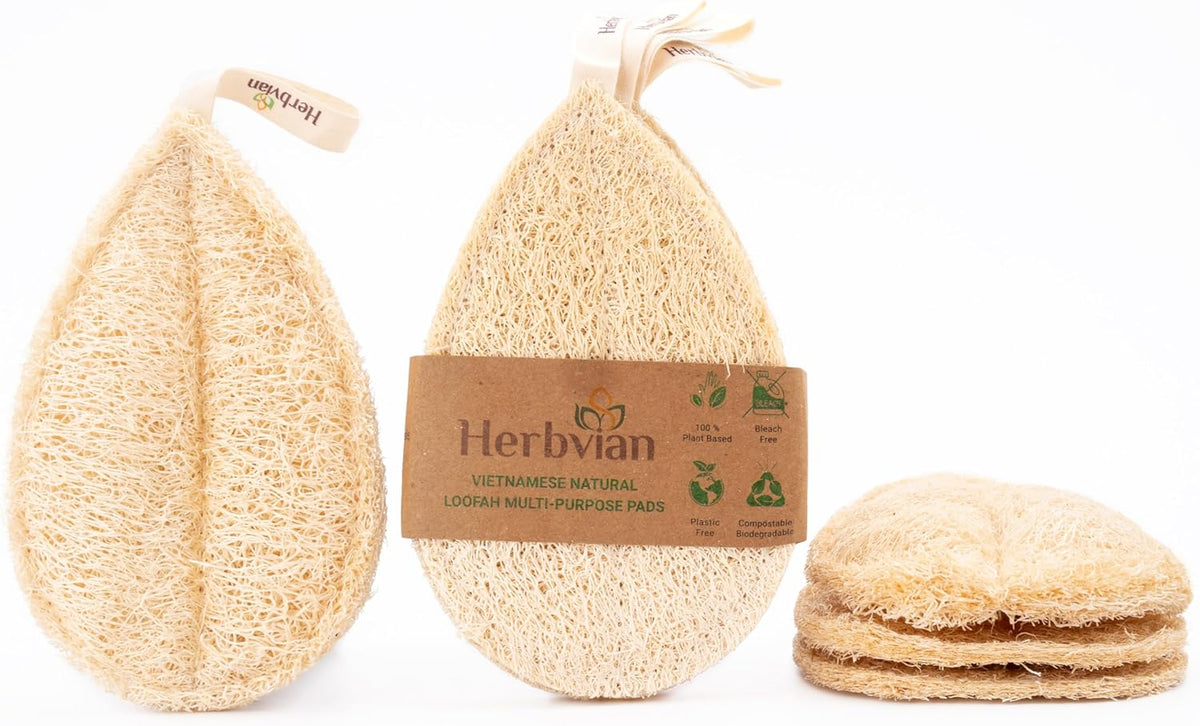 Natural Loofah Kitchen Scrubbing Pads, Vietnamese 100% Plant-Based Luffa, Multi-Purpose Dish Washing Sponges (Pack 4)