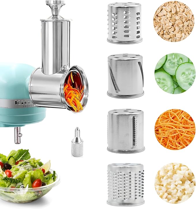 Stainless Steel Slicer Shredder for KitchenAid Mixer Attachment Vegetable & Cheese Grater Attachment with 4 Blades (Fine, Medium, Coarse, Slicer), with Knob, Dishwasher Safe, Durability