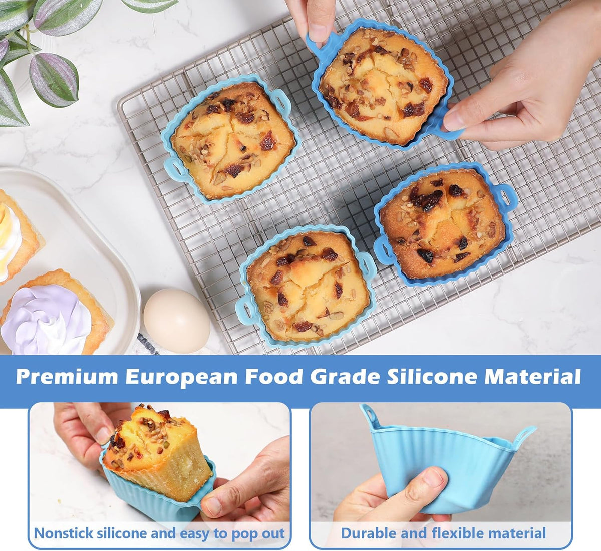 Koluti Nonstick Silicone Muffin Baking Cups Pack of 4, Reusable Cupcake Molds with Double Handle, BPA Free, Small Rectangle Air Fryer Cupcakes Liner, 2 Colors