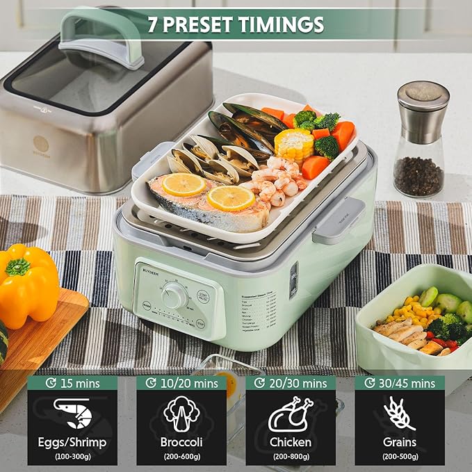 BUYDEEM G52 5.3 Quart Electric Food Steamer for 2-4 Servings, Vegetable Steamer for Cooking, 2-hour Keep Warm, 7 Preset Timings, Dual Boil-Dry Protection, Stainless Steel, Cozy Greenish