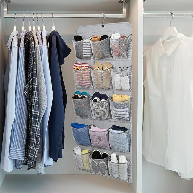 Hanging Shoe Organizer For Closet Rod with 30 Large Pockets Dual Sided 360 Rotating Hanger Space Saving Storage Bag Rack Shelves for Bedroom Laundry Room, Grey