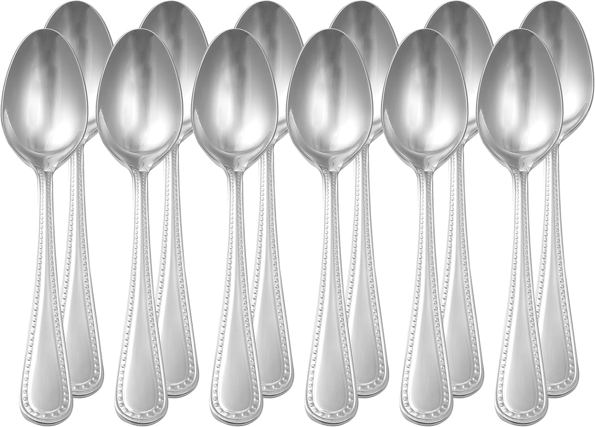 Amazon Basics Stainless Steel Dishwasher Safe Dinner Spoons with Pearled Edge, Large Tablespoons, 7.7 inches, Pack of 12, Silver