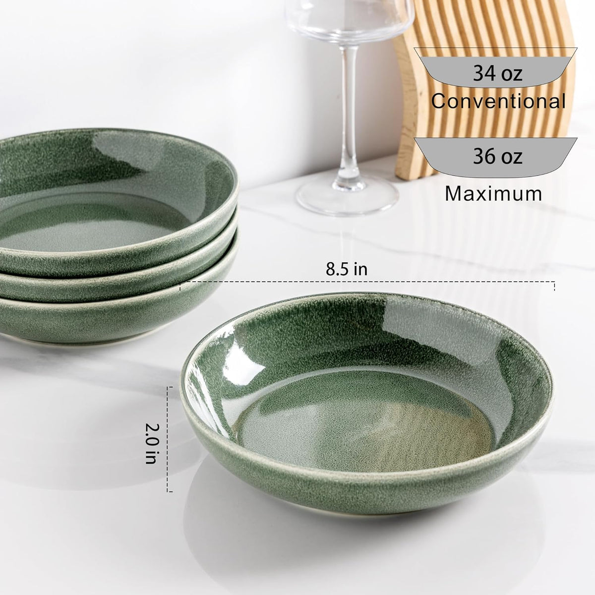 AmorArc 8.5'' Large Ceramic Pasta Bowls Set, 36oz Stoneware Bowls Set of 4 for Kitchen, Reavtive Glaze Bowls-Microwave, Dishwasher Safe for Pasta,Salad,Oatmeal -Jade Green