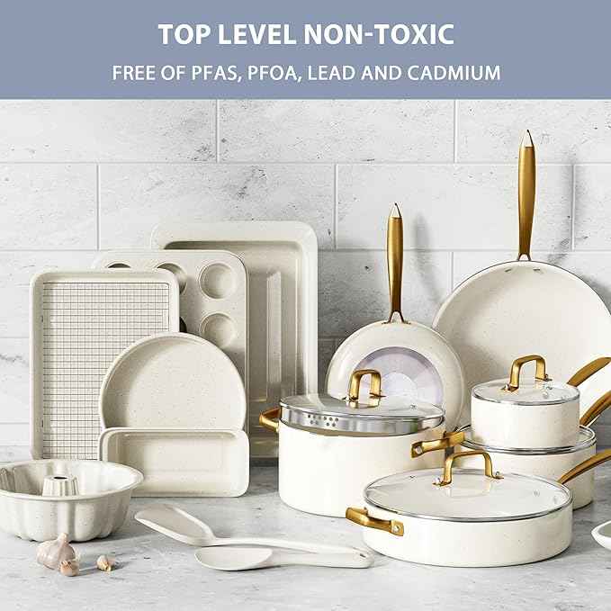 Pots and Pans Set Nonstick - Granite Cookware + Bakeware Set Kitchen Cookware Sets With Dutch Oven, Frying Pans, Saucepan, Sauté Pan, Silicone Utensils, Cookie Sheet, Baking Pan Set for Cooking Gifts