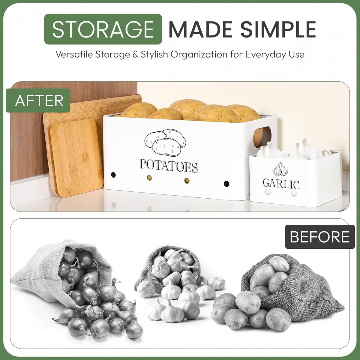 Potato Onion and Garlic Storage Bins with Wooden Lid & Breathable Holes – Rustic Farmhouse Stackable Kitchen Vegetables Canisters with Ventilation & Side Handles Space Saving – Set of 3