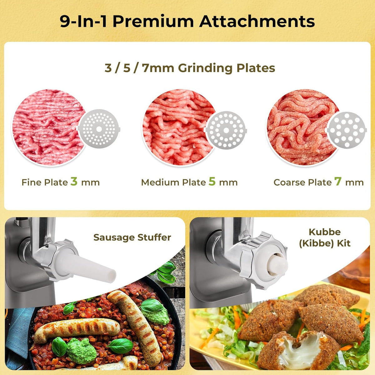Meat Grinder Electric 9-In-1 Grinder 1700W For Meat with Attachments Sausage Maker, Kubbe Kit Stainless Steel Juicer, 3 Grinding Plates Meat Grinder for Home & Kitchen