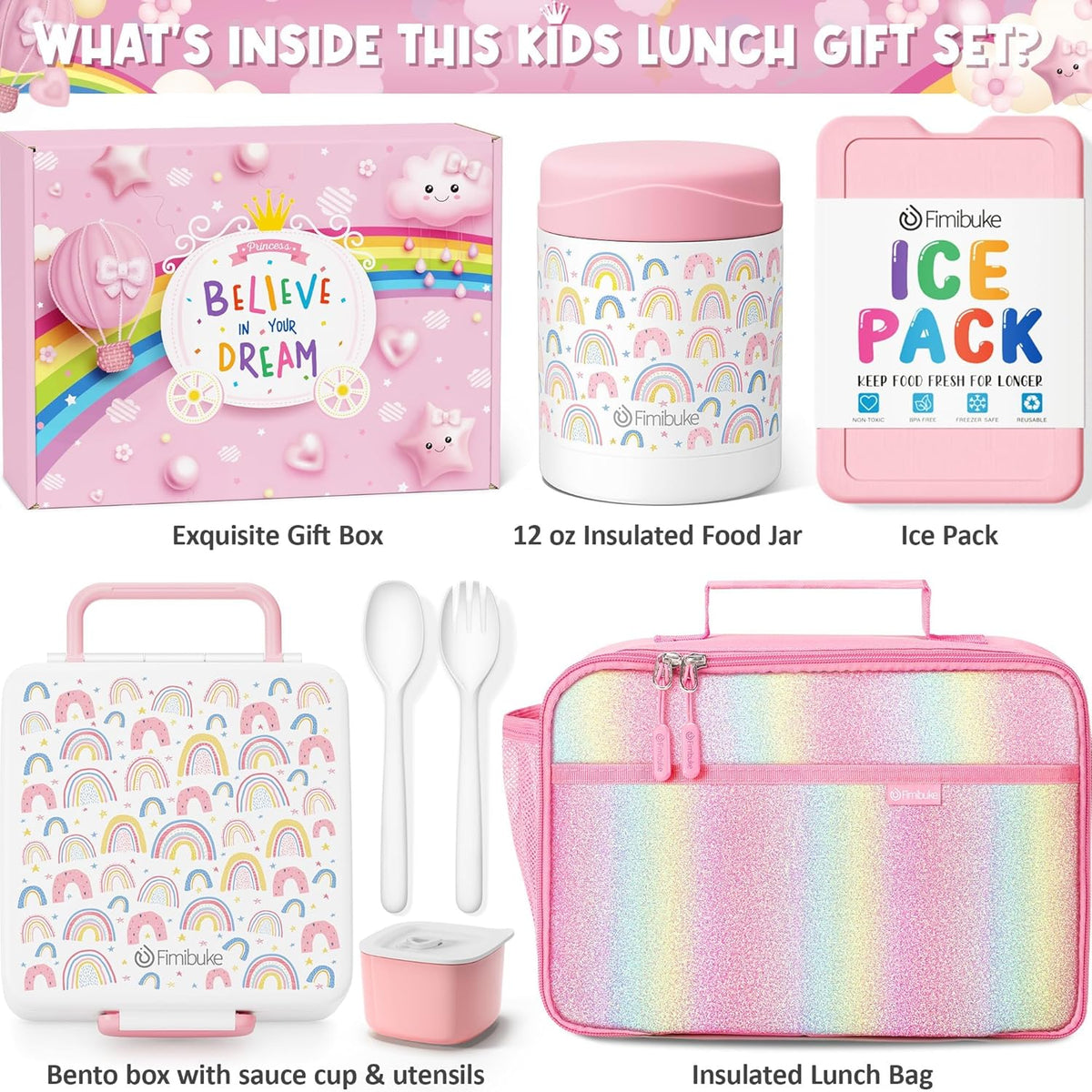 Fimibuke Kids Bento Snack Lunch Box with 4 Compartment, Insulated lunch Bag, Stainless Steel Vacuum Thermos Food Jar, Ice Pack, Utensils Set, Birthday Gift for Age 3-12 Back to School Toddler Girl Boy