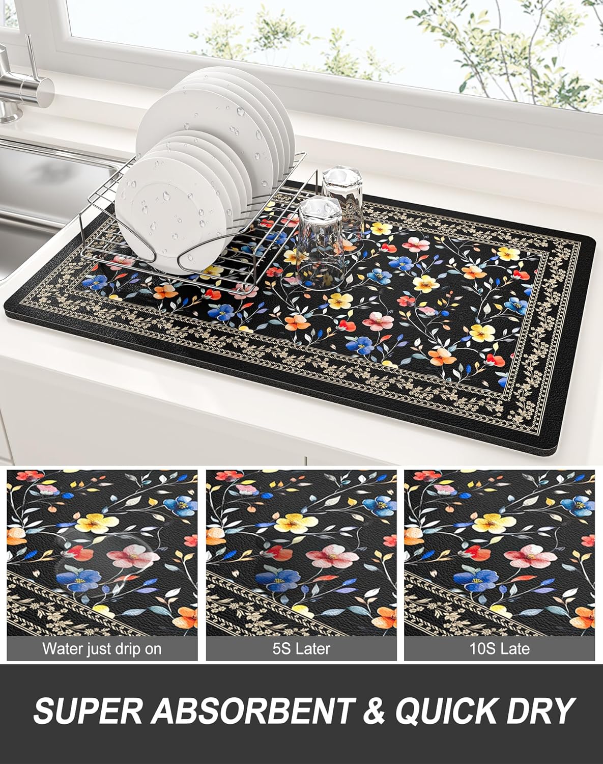 Rnivvi Dish Drying Mat for Kitchen Counter, XL 15 x 24" Cute Flower Theme Super Absorbent Drainer Pad, Non-Slip Heat Resistant Coffee Bar Mat for Coffee Machine Station Accessories,Retro Dish Rack Pad