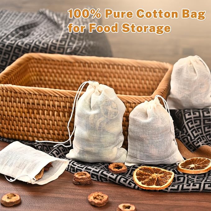 20 Pcs Muslin Bags with Drawstring, Reusable Tea Bags, Spice Bags for Cooking Soup/Herb/Loose Leaf Tea, Natural Cotton Small Cheese Cloth Bag for Straining, Sachet Bags Empty, 4 X 3 Inches