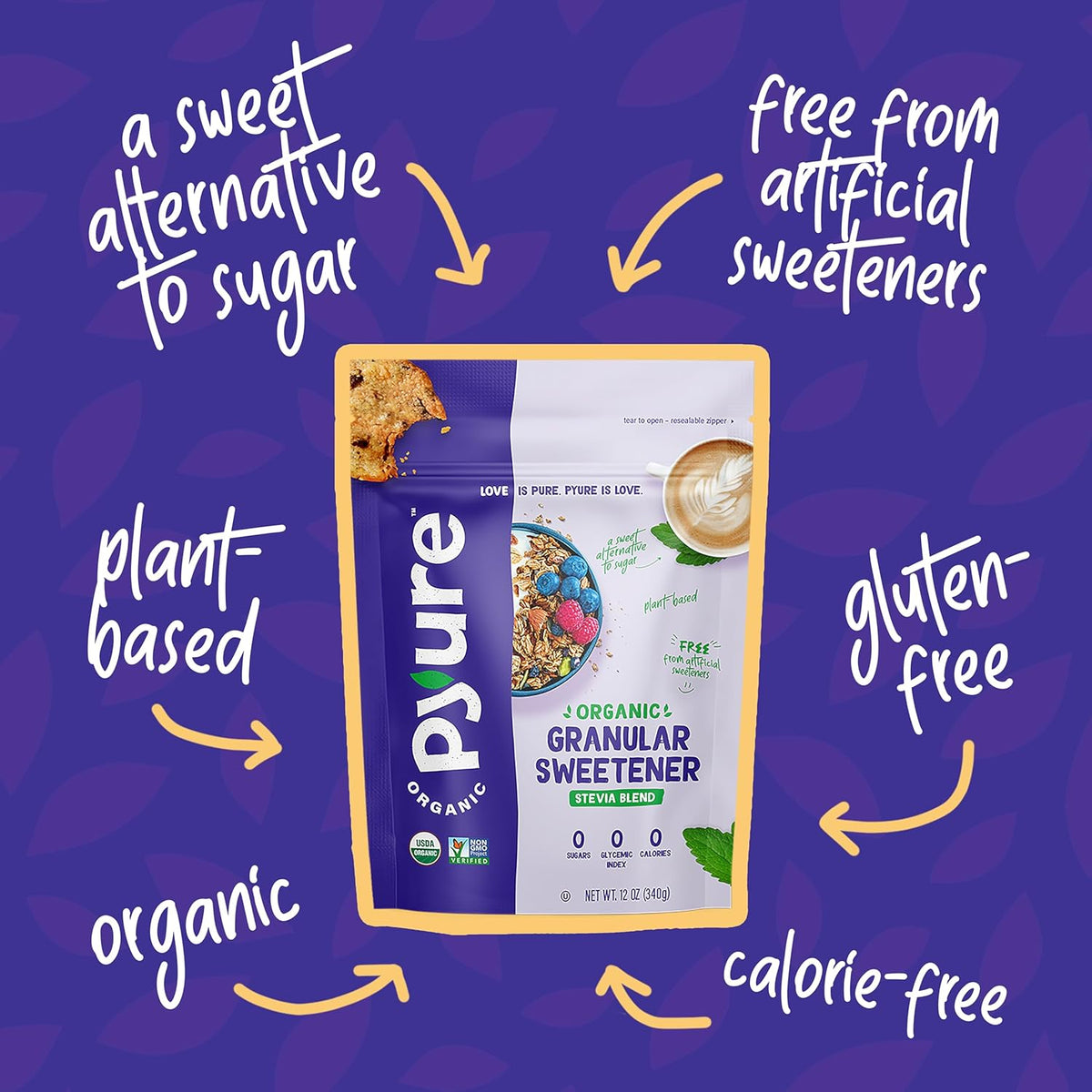 Pyure Organic Stevia Blend | Granulated All-Purpose - White Sugar Substitute | Zero Carb, Zero Sugar, Zero Calorie | Plant-Based Stevia Sweetener for Keto Friendly Food | 12 oz (Pack of 4)