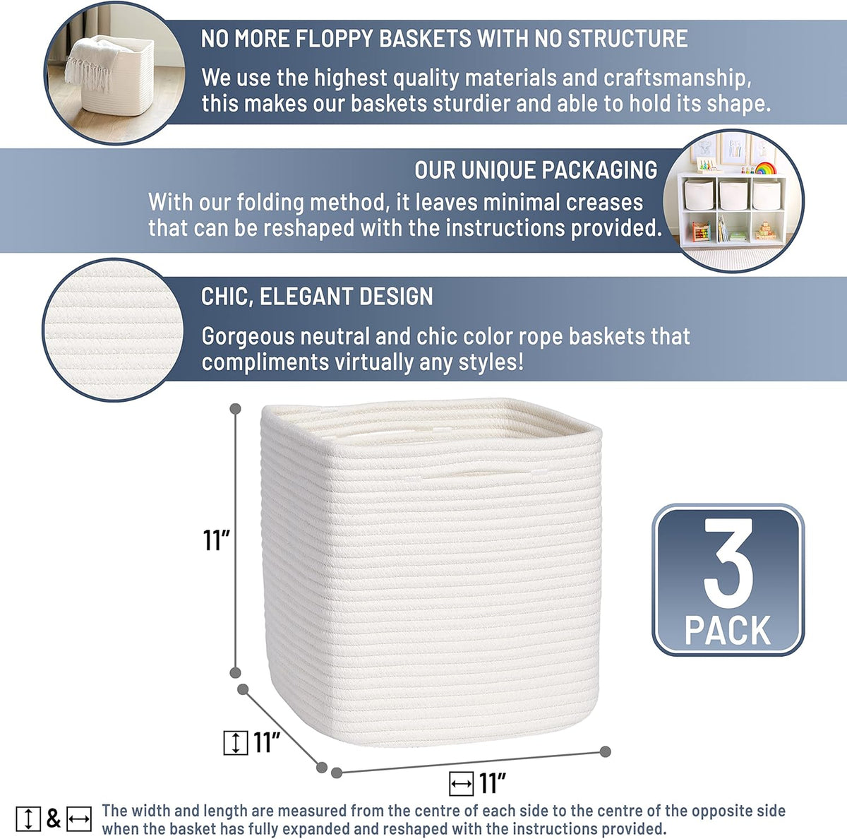NaturalCozy Storage Cubes 11 Inch Cotton Rope Woven Baskets for Organizing, 3-Pack | Cube Storage Bin | Square Storage Baskets for Shelves Organizer, Classroom, Kids Toy Bins, Closet, Baby Nursery