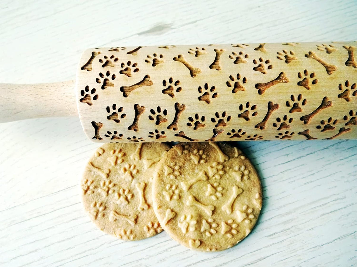 PAW and BONE EMBOSSING ROLLING PIN LASER ENGRAVED PATTERN with PAWS and BONES for EMBOSSED COOKIES or PASTA
