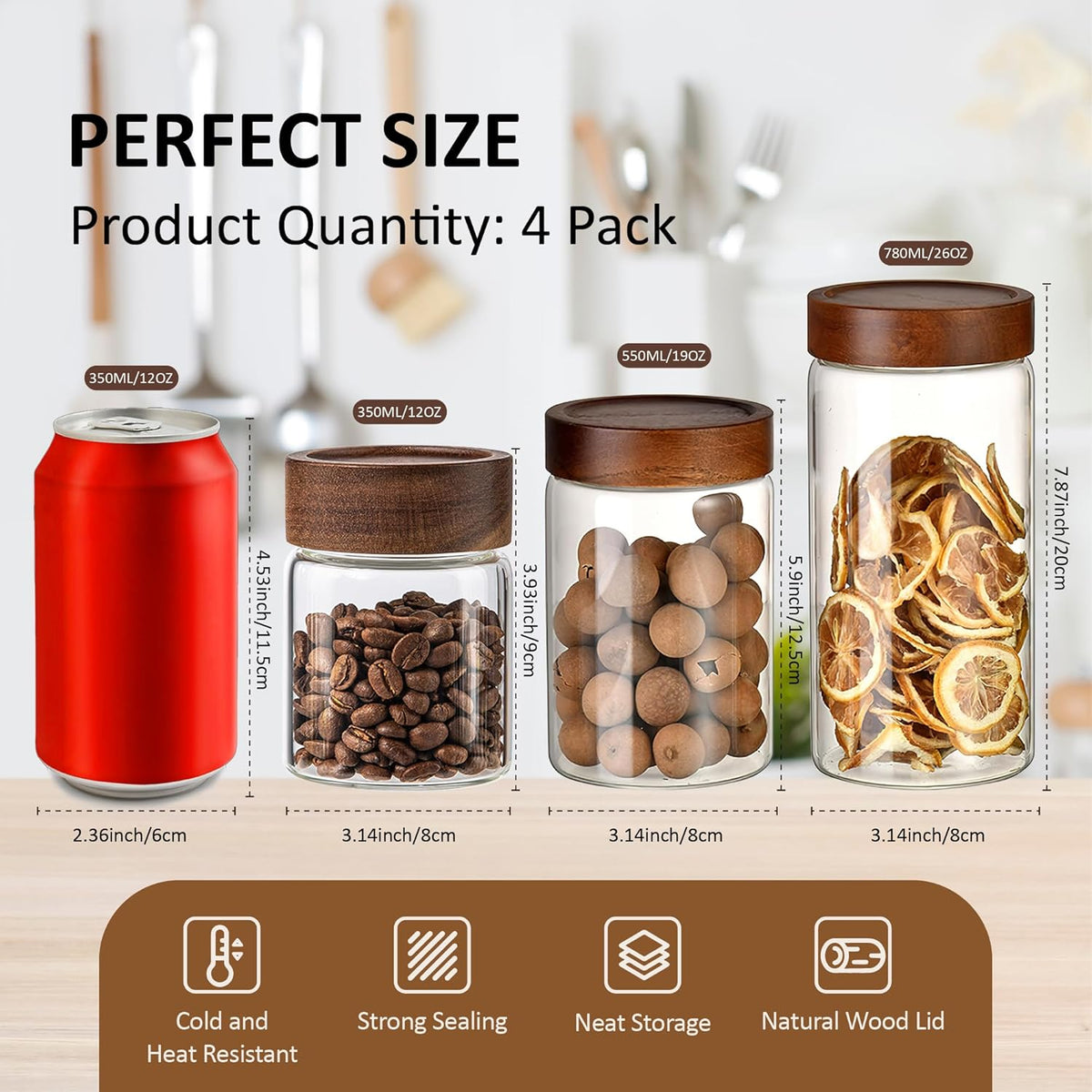 12 oz/350 ml Clear Glass Storage Canister with Airtight Wooden Lid, 4 Pack Small Overnight Oats Containers, Cute Decorative Salad Jar for Snacks Yogurt Spice Sugar Cereal Fruit Coffee Tea