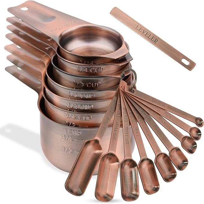 Copper Measuring Cups and Spoons Set 17, Stainless Steel Measuring Cups and Spoons for Dry & Liquid, Metal 7 Measure Cup and 9 Measure Spoon with 1 Leveler for Kitchen & Baking