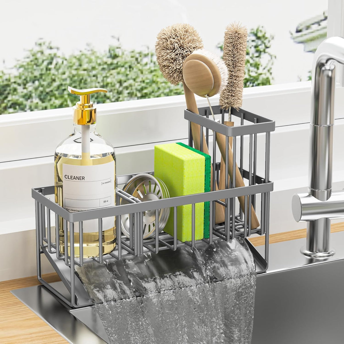 Cisily Sink Caddy Organzier with High Brush Holder, Sponge Holder for Sink, 304 Rustproof Stainless, Kitchen Countertop Soap Dispenser Organizer, Gray Kitchen Decor and Accessories
