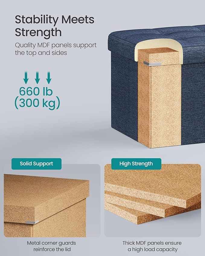 SONGMICS MAZIE Collection - 43 Inches Folding Storage Ottoman Bench, Ottoman Foot Rest, End of Bed Bench, Storage Chest, Load 660 lb, for Living Room, Bedroom, Entryway, Midnight Blue ULSF77IN