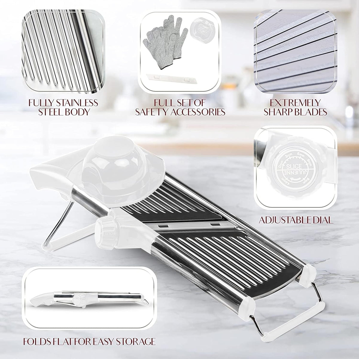 Gramercy Adjustable Mandoline Food Slicer, Mandoline Slicer for Kitchen, Mandolin, Potato, Tomato, Carrot, Vegetable, Fruit and Onion Cutter - Stainless Steel - INCLUDING 1 Pair Cut-Resistant Gloves
