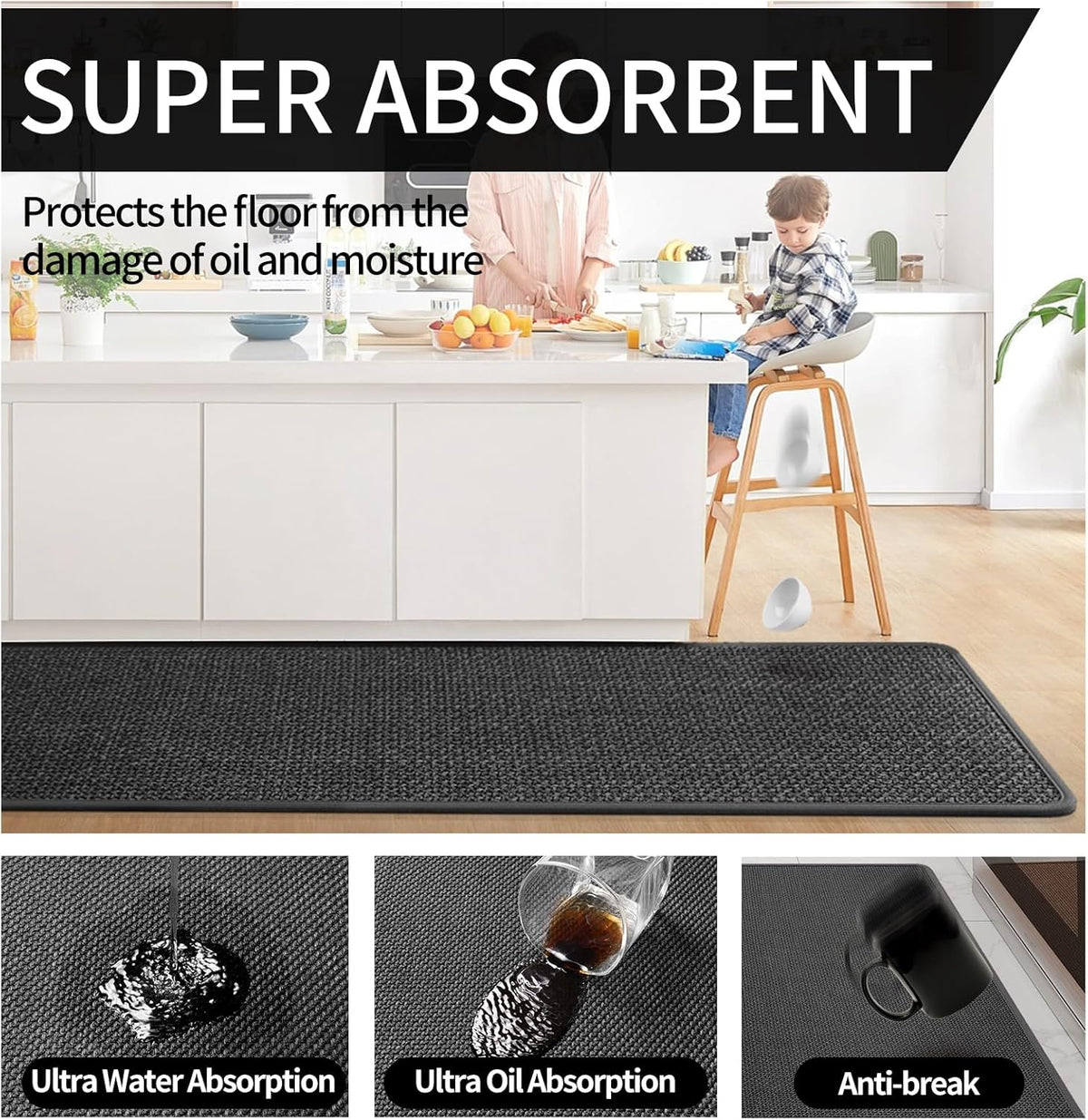 Kitchen Mats for Floor, Super Absorbent Kitchen Rugs Non Slip Washable, Soft Imitation Linen Braided Kitchen Runner Rug, Standing Mat Kitchens Sink Mat, Easy to Clean, Black 17x59