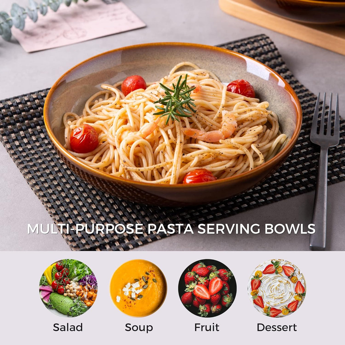 LERATIO Large Pasta Bowls,38oz Ceramic Pasta Bowls,9.0" Reactive Glaze Pasta Bowl Set of 4,Microwave & Dishwasher,Oven Safe,Wide Serving Bowls for Salad,Pasta,Fruit,Scratch Resistant-Khaki