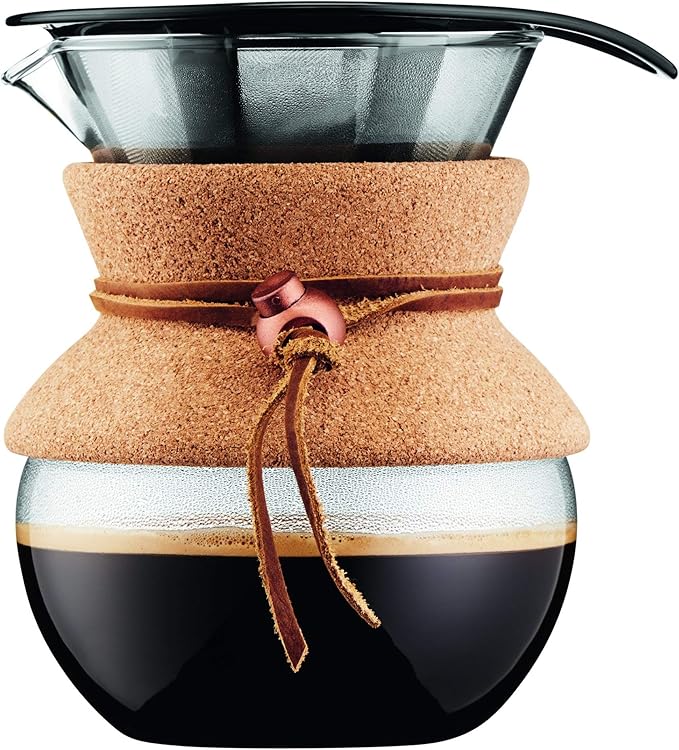Bodum 17oz Pour Over Coffee Maker, High-Heat Borosilicate Glass with Reusable Stainless Steel Filter and Cork Grip - Made in Portugal