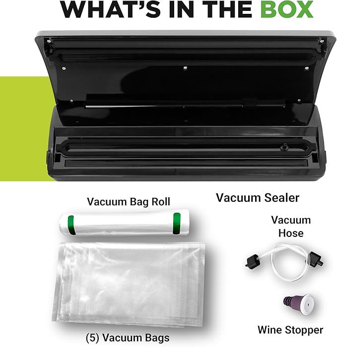NutriChef Food Vacuum Sealer Machine, Stainless Steel & ABS Body, Automatic Sealing System for Dry and Moist Foods, LED Touch Controls, Includes Bags, Hose & Roll Cutter, 110W Suction Power, 14"x6"