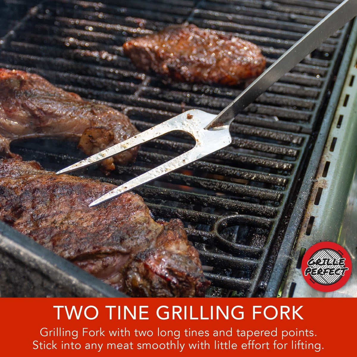 Grill Fork 24-inch Super Long for Grilling Barbecue Griddle and Fire Pit Extra Strong Curved Neck Premium Hardwood Handle Large Stainless Steel Tines for BBQ Outdoor Kitchen and Grilled Food