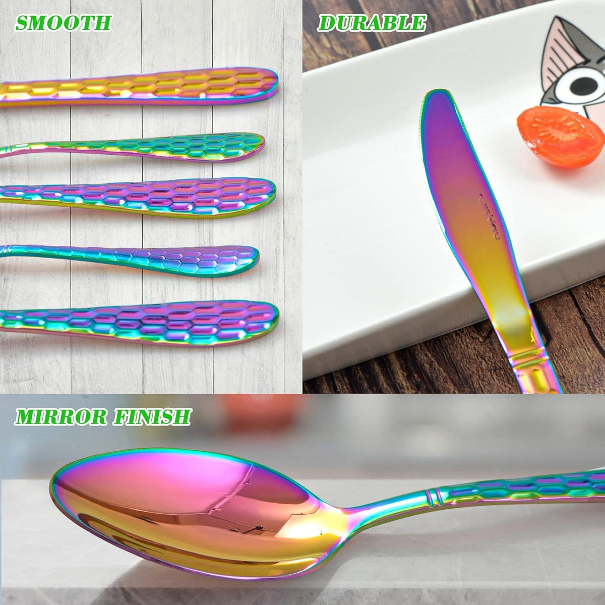 Hammered Silverware Set 20 Pieces, 18/10 Stainless Steel Colorful Silverware Set, Tableware Flatware Set for 4, Utensils Set Include Knife/Fork/Spoon, Mirror Polished, Dishwasher Safe (Rainbow)