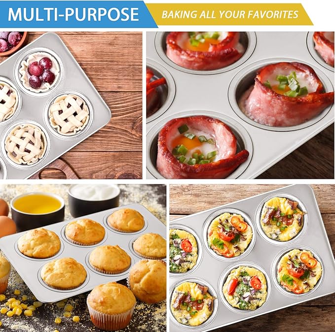 E-far Muffin Pan Set of 4, Stainless Steel Muffin Pan Tin for Baking, 6-Cup Metal Cupcake Pan Tray, Non-toxic & Healthy, Oven & Dishwasher Safe, Regular Size - 11.44 x 7.12 x 1.25 Inch