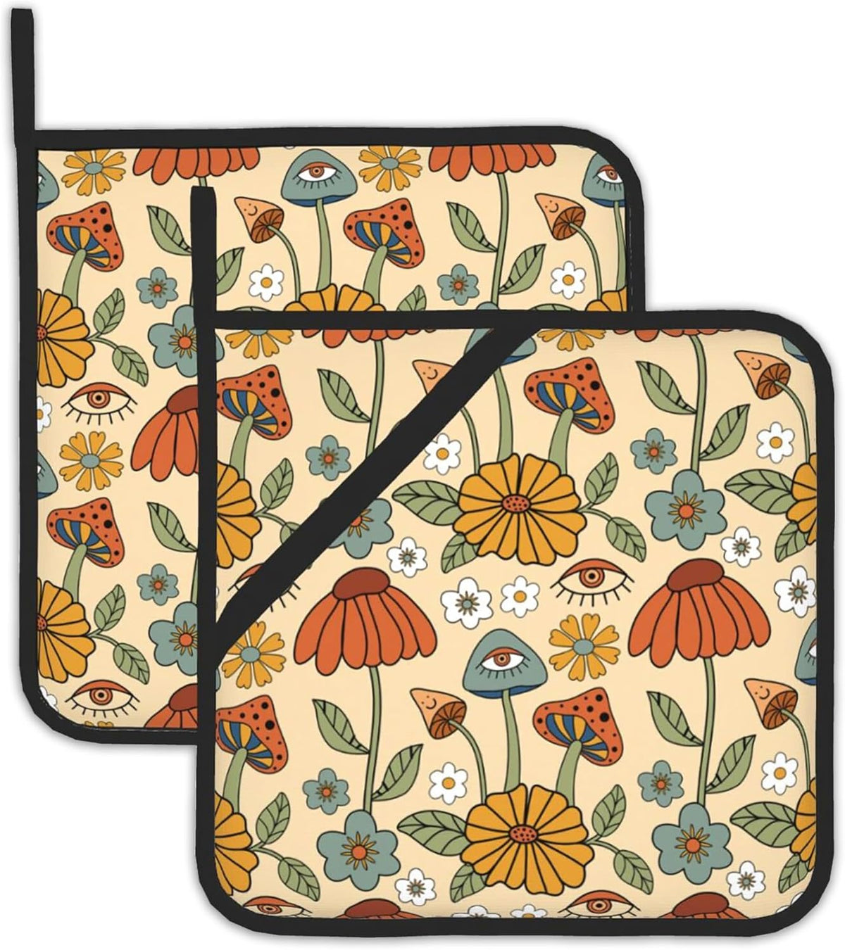 Mushroom Retro Psychedelic Floral Pot Holders Set of 2 Heat Resistant Potholders,Fire Oven Hot Pads for Kitchen Cooking Baking Barbecue
