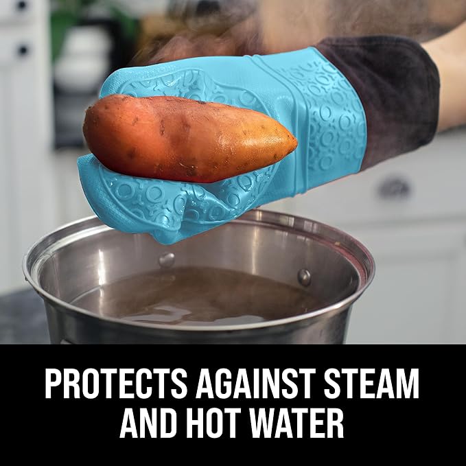 BPA-Free Soft Silicone Oven Mitts - Ultra Heat Resistant Oven Mitts with Thick Cotton Liner - Extra Long Slip Resistant Pot Holders, Flexible Oven Gloves - Aqua/Black 14.7"