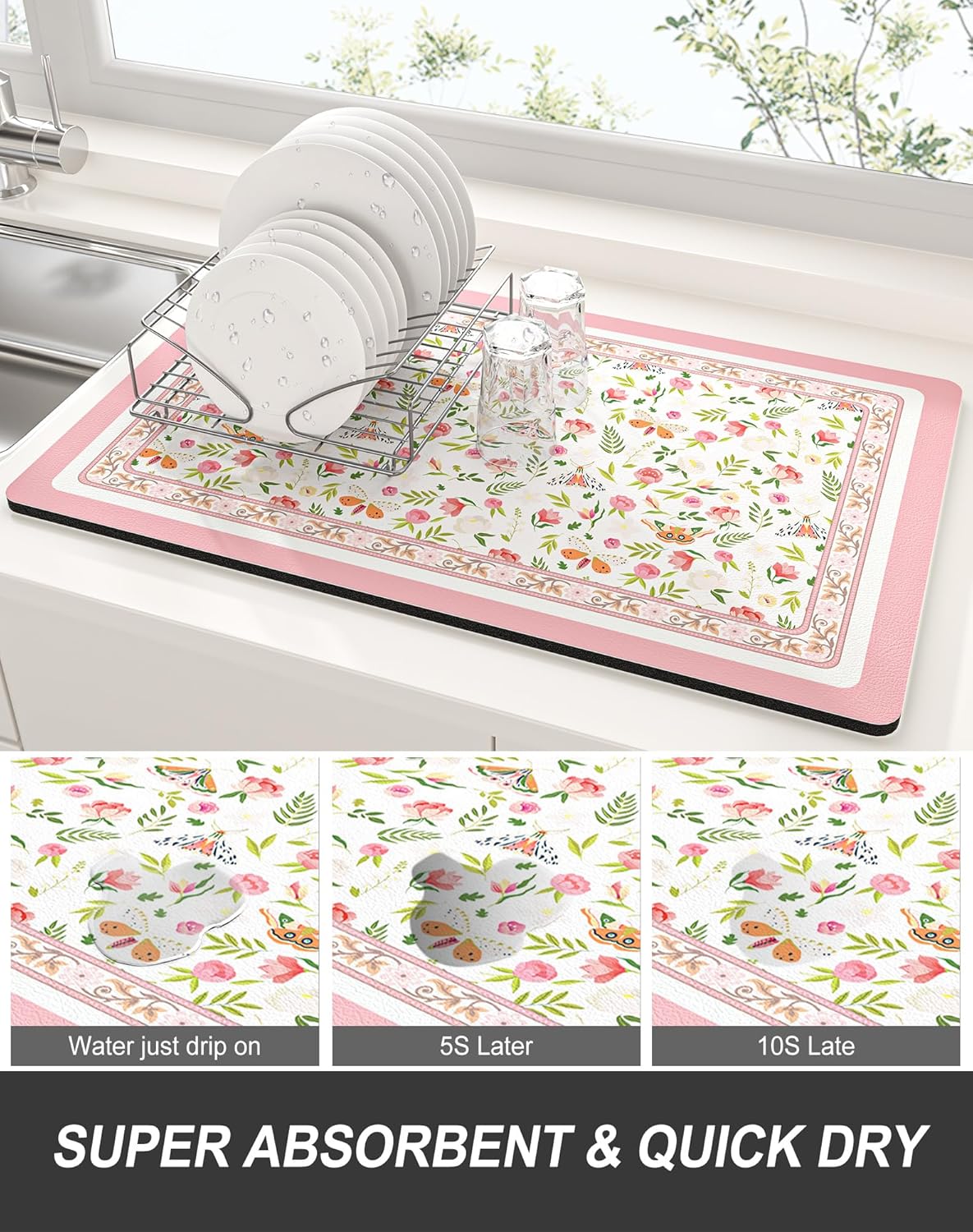 Rnivvi Dish Drying Mat for Kitchen Counter, XL 15 x 24" Cute Flower Theme Absorbent Draining Pad, Non-Slip Heat Resistant Coffee Bar Mats for Coffee Machine Station Accessories, Pink Dish Rack Pad