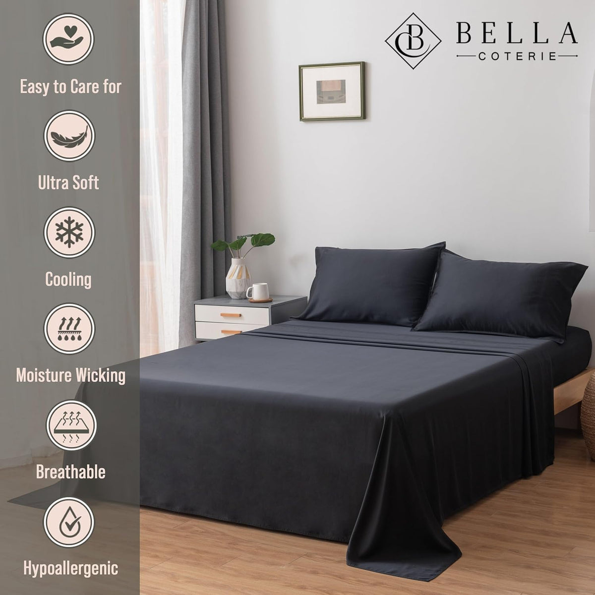 Bella Coterie Luxury Bamboo Viscose King Size Sheet Set | 100% Organically Grown | Ultra Soft | Cooling for Hot Sleepers | 18" Deep Pocket [Black]