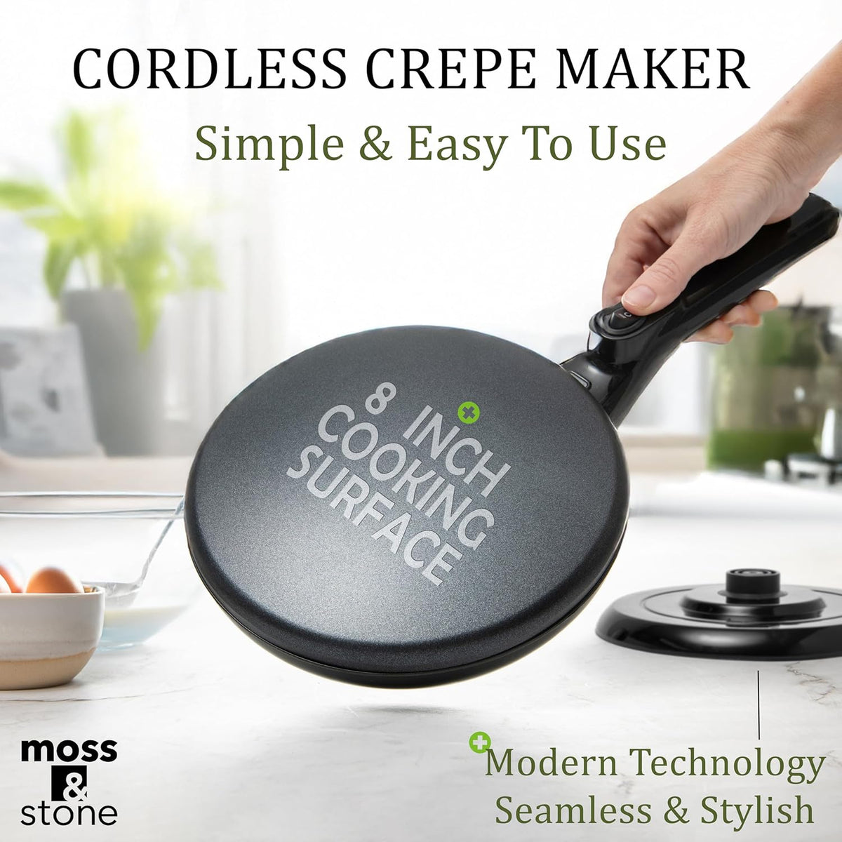 Moss & Stone Cordless Electric Crepe Maker With Auto Power Off, On/Off Switch & Dual Temperature Setting, 8 Inch Portable Crepe Maker & Non-Stick Dipping Plate, Nonstick Coating Pan Apo