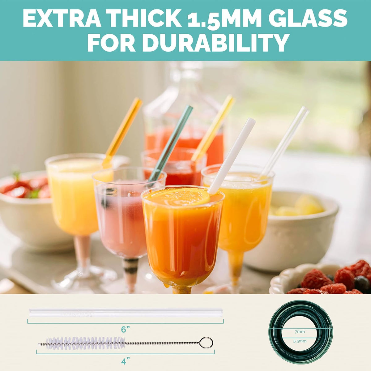 Simply Straws 6 Inch Skinny Glass Straws (6-Pack) - Reusable Cocktail Straws for Mixed Drinks, Low Balls, Coffee & Tea, with Cleaning Brush – Dishwasher Safe, Hot & Cold Use, BPA-Free (Air)