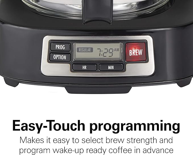 Hamilton Beach 5 Cup Drip Coffee Maker with Easy FrontFill Basket, Compact Design, Programmable Clock, Glass Carafe, Auto Pause and Pour, Black & Stainless Steel (46111)