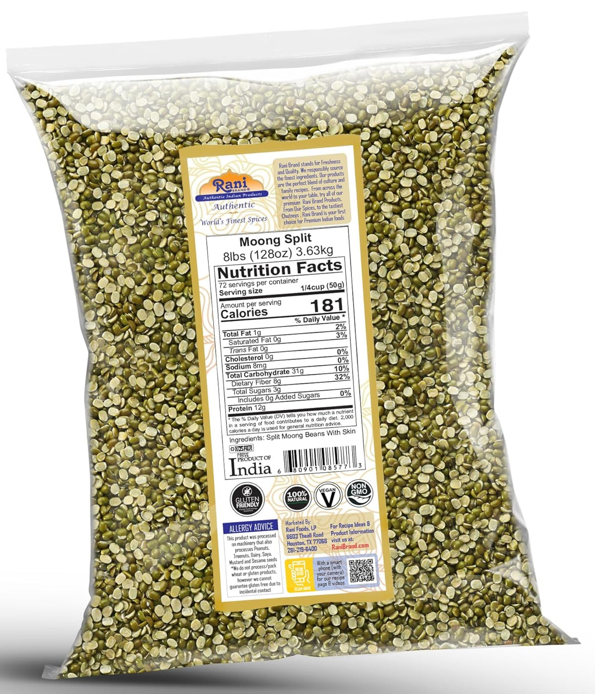 Rani Moong Split (Split Mung Beans with Skin) Lentils Indian 128oz (8lbs) 3.63kg Bulk ~ All Natural | Gluten Friendly | Non-GMO | Kosher | Vegan | Indian Origin