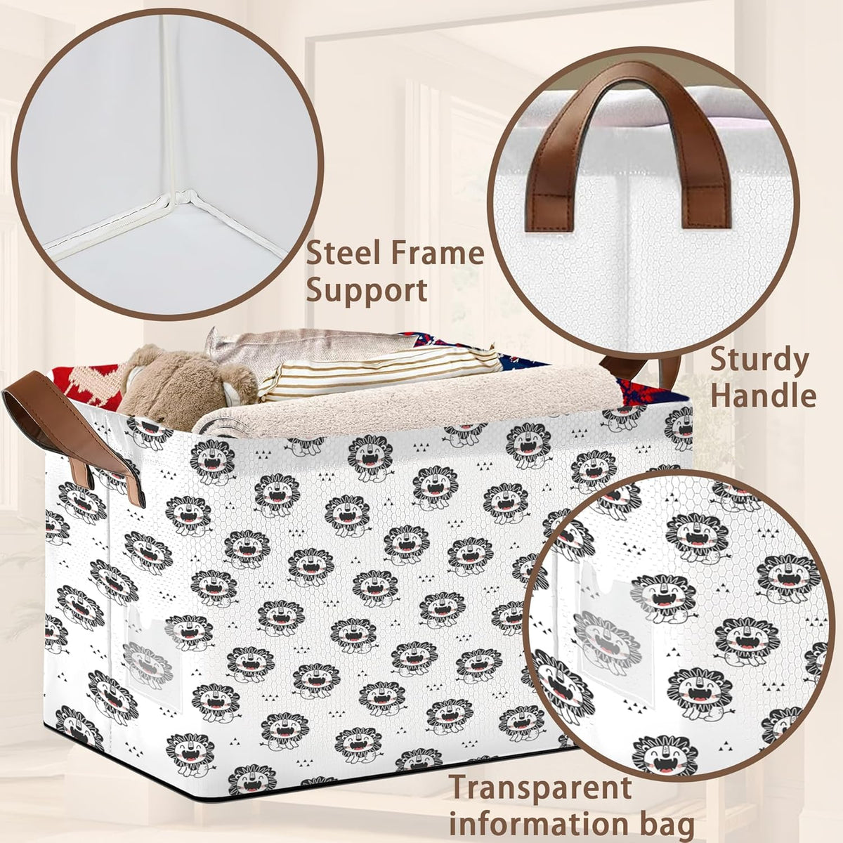 Wild Animal Storage Basket Large 17x11.5x10.5 Inche-Collapsible Fabric Organizer Bin with Handles for Nursery, Kids Room, Safari Theme-Decorative Hamper with Playful Lion Silhouette Design-Single Pack
