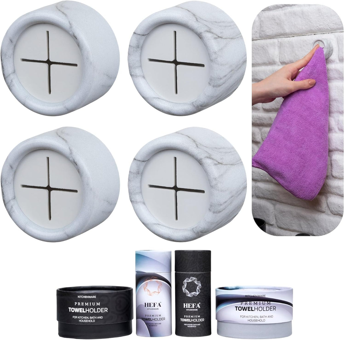 HEFA Towel Holder, Towel Hooks, Dish Towel Holder, Kitchen Organization, Bathroom Accesories, Kitchen Towel Hook, Kitchen Towel Holder, Hand Towel Holder, Kitchen Gadgets 4 Pack, White Marble