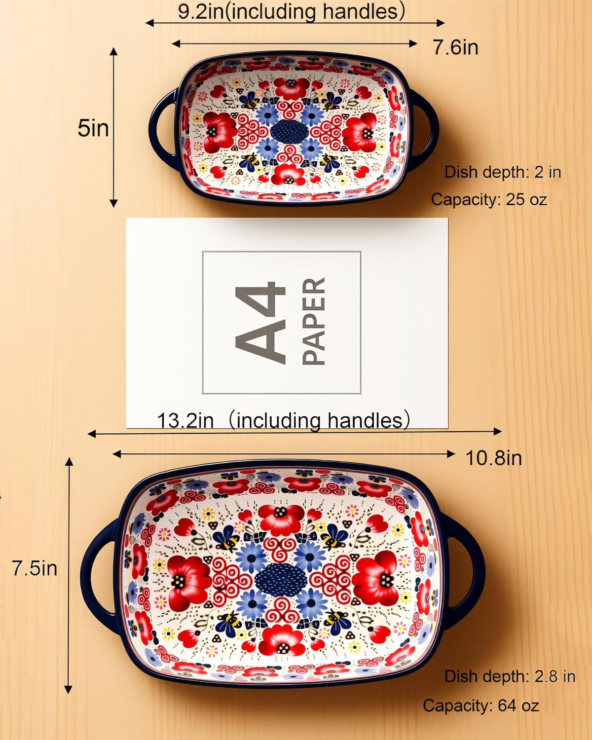 Polish Pottery Style Ceramic Baking Dish Set of 2 – Decorative Casserole Dishes with Handles, Cute Oven-Safe Lasagna Bakeware Gift Set