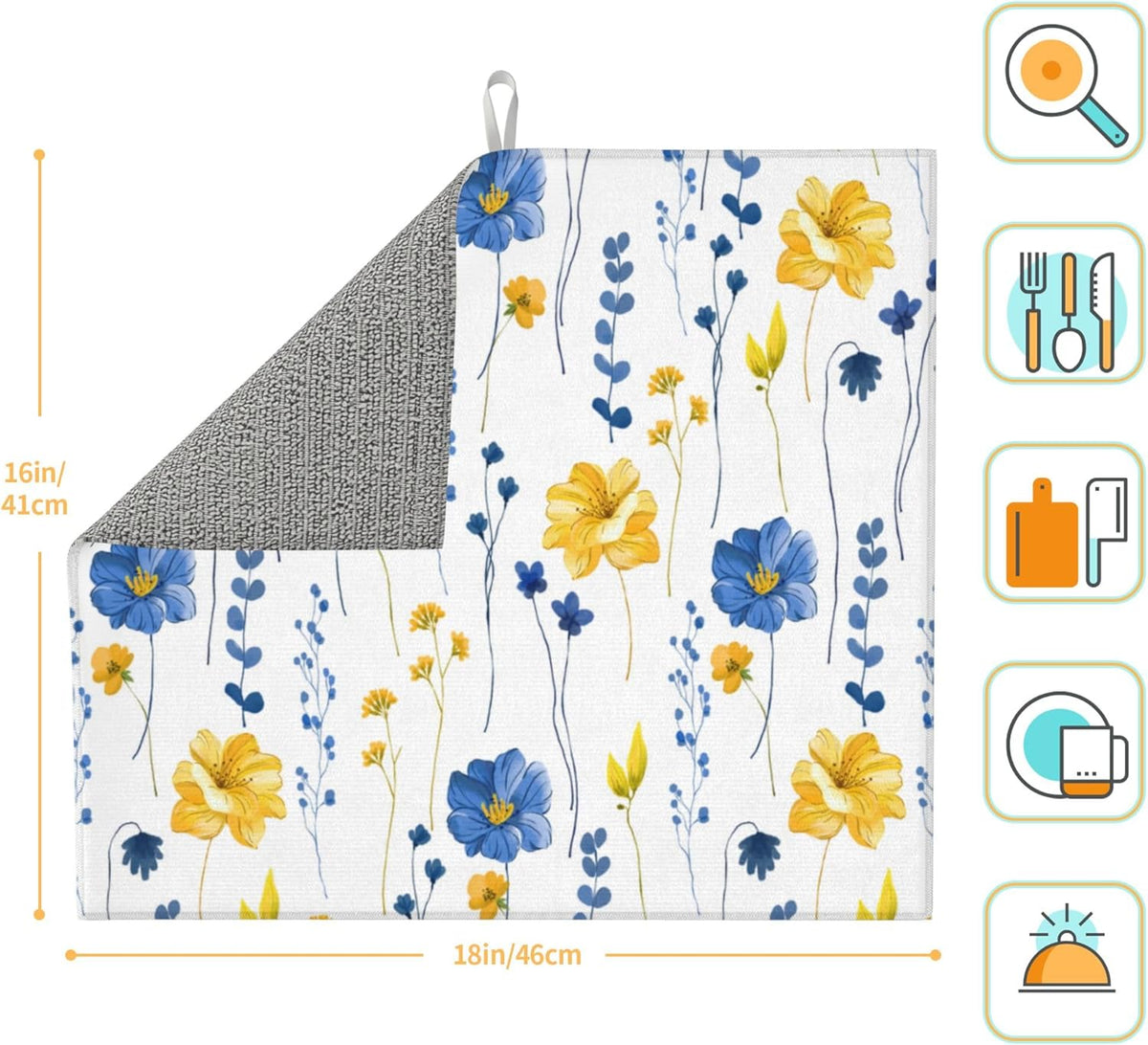 Navy Blue Yellow Flower Dish Drying Mat for Kitchen Counter Watercolor Floral Decorative Dish Drainer Rack Mats 16"x18" Absorbent Reversible Drying Pad