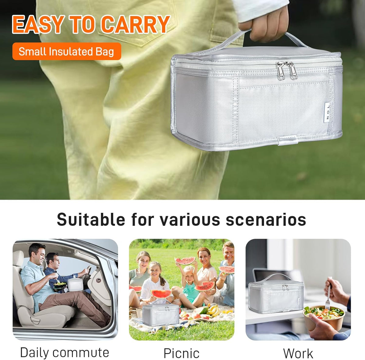 NOL Natural Organic Lifestyle Small Lunch Bag Mini Lunch Box Insulated Lunch Bag for Men/Women Leakproof Cooler Tote Bag Lightweight Nylon Waterproof Lunch Box For Work, Silver